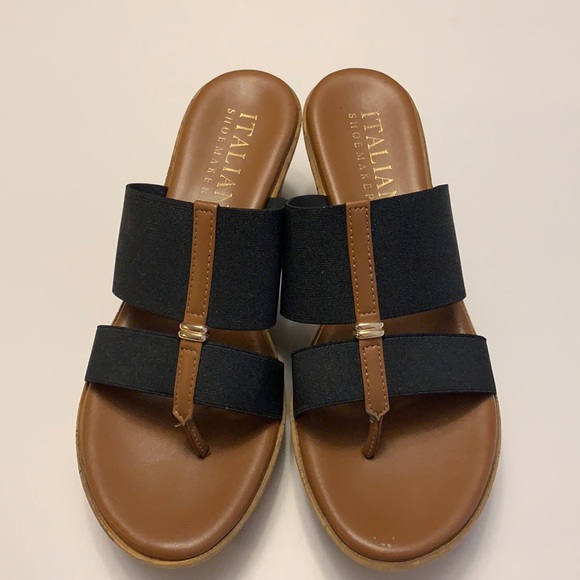 Italian Shoemakers Cork platform slip ons. Black and Tan with Gold accent. - Picture 1 of 5